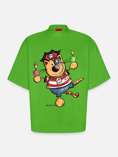 Pirate cat - Heavyweight Oversized Organic Boxy T-Shirt Made in EU - Apple Neon