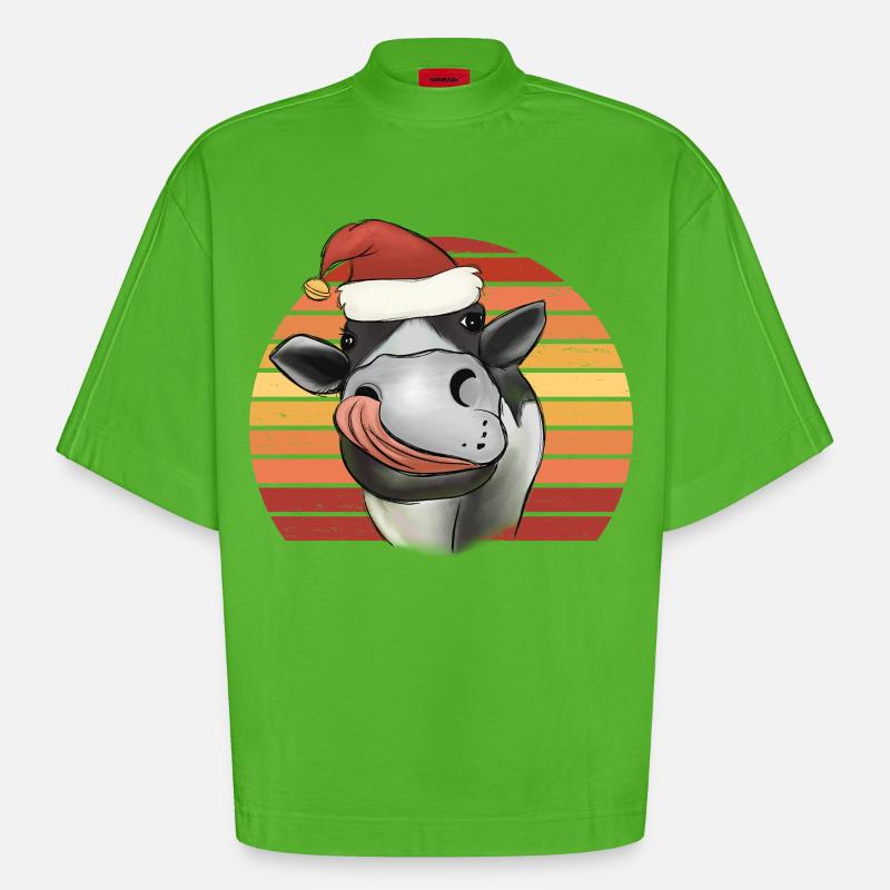 Weihnachtskuh Kuh mit Weihnachtsmütze Retro - Heavyweight Oversized Organic Boxy T-Shirt Made in EU - Apple Neon