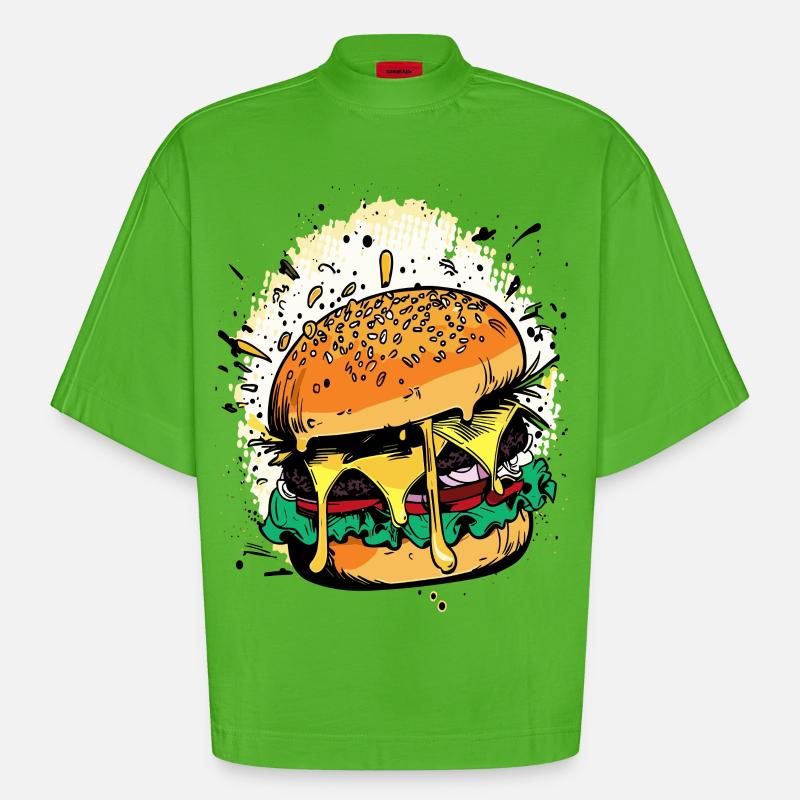 Cheeseburger Comic Burger - Heavyweight Oversized Organic Boxy T-Shirt Made in EU - Apple Neon