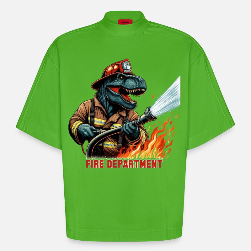Pompier T-Rex cadeau - T-shirt bio épais oversize Boxy fabriqué en UE - Apple Neon