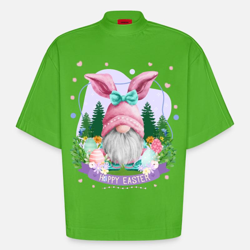 Hoppy Gnome Easter - Easter Gift Idea - Heavyweight Oversized Organic Boxy T-Shirt Made in EU - Apple Neon
