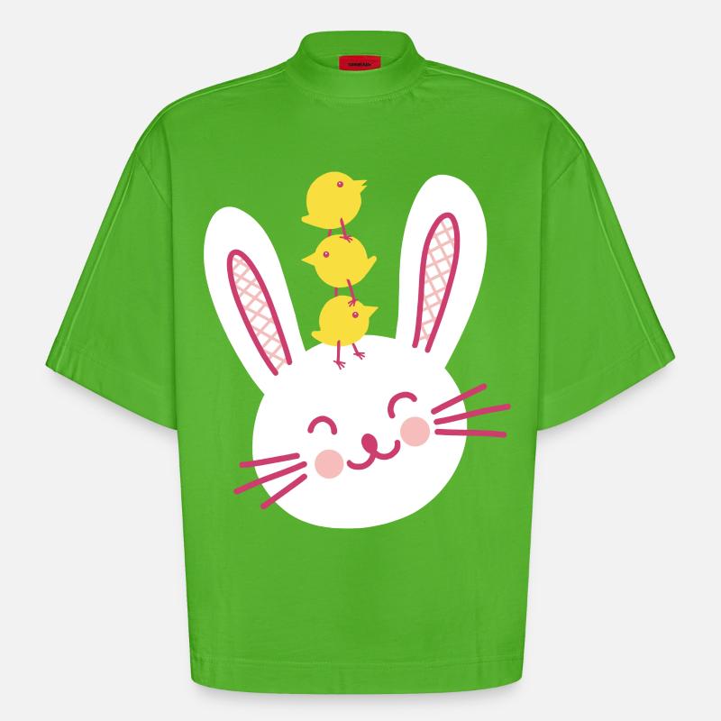 Easter Bunny and Three Cute Chicks - Heavyweight Oversized Organic Boxy T-Shirt Made in EU - Apple Neon