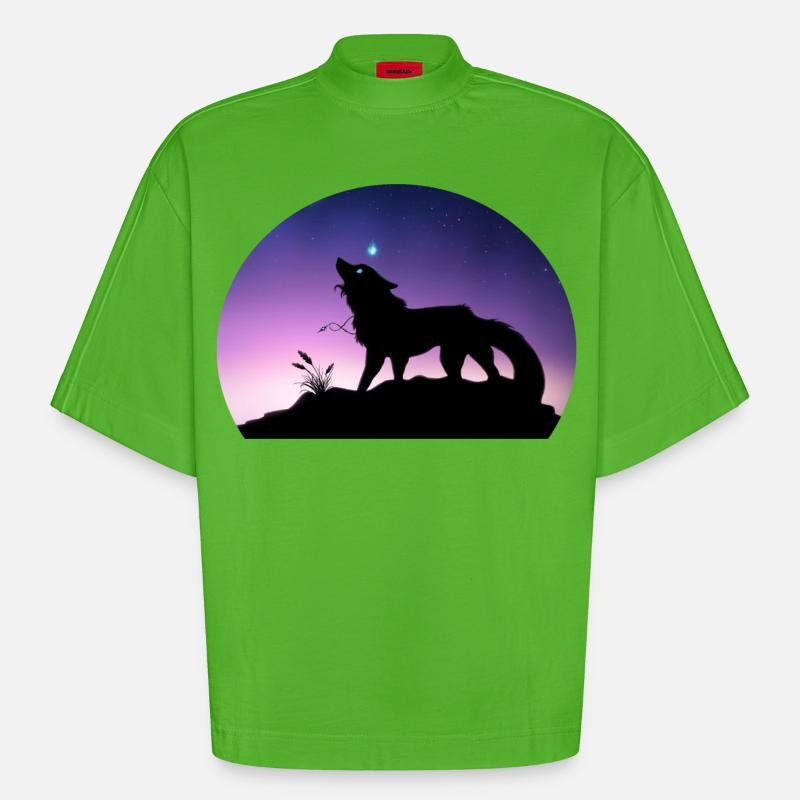 Die Reise eines Sternenwolfs - Silouhette Nocturne - Heavyweight Oversized Organic Boxy T-Shirt Made in EU - Apple Neon