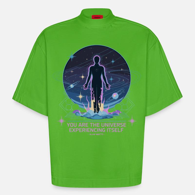 Être céleste | Alan Watts Citation Conception - T-shirt bio épais oversize Boxy fabriqué en UE - Apple Neon