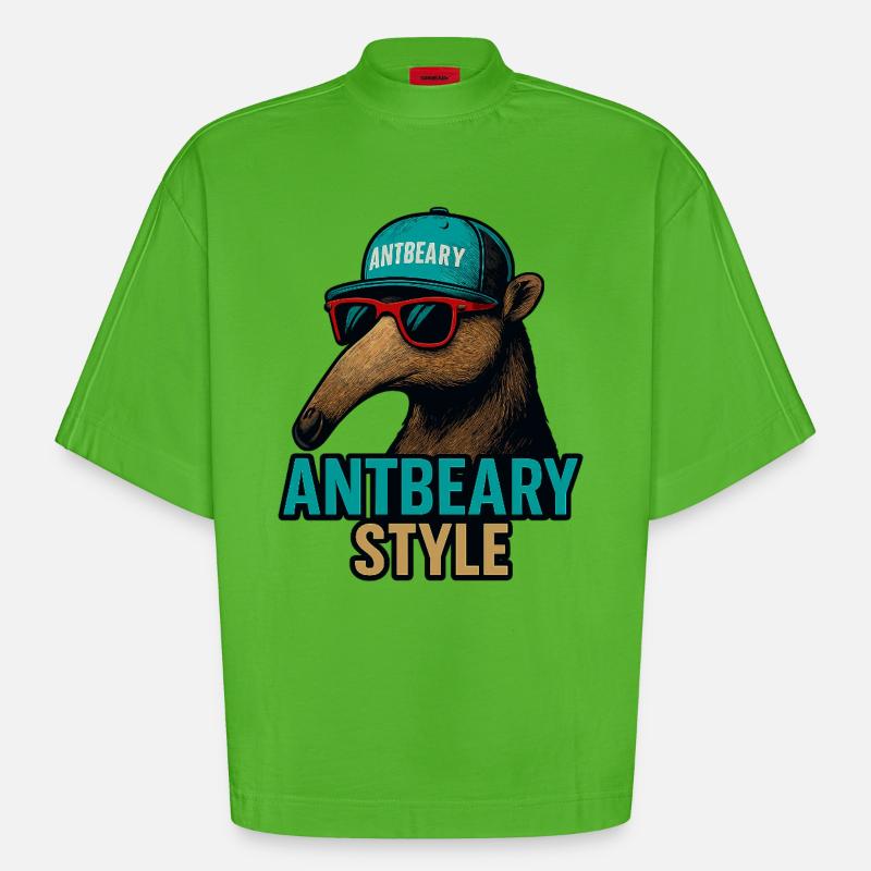 Antbeary Style Aardvark Cartoon - Heavyweight Oversized Organic Boxy T-Shirt Made in EU - Apple Neon
