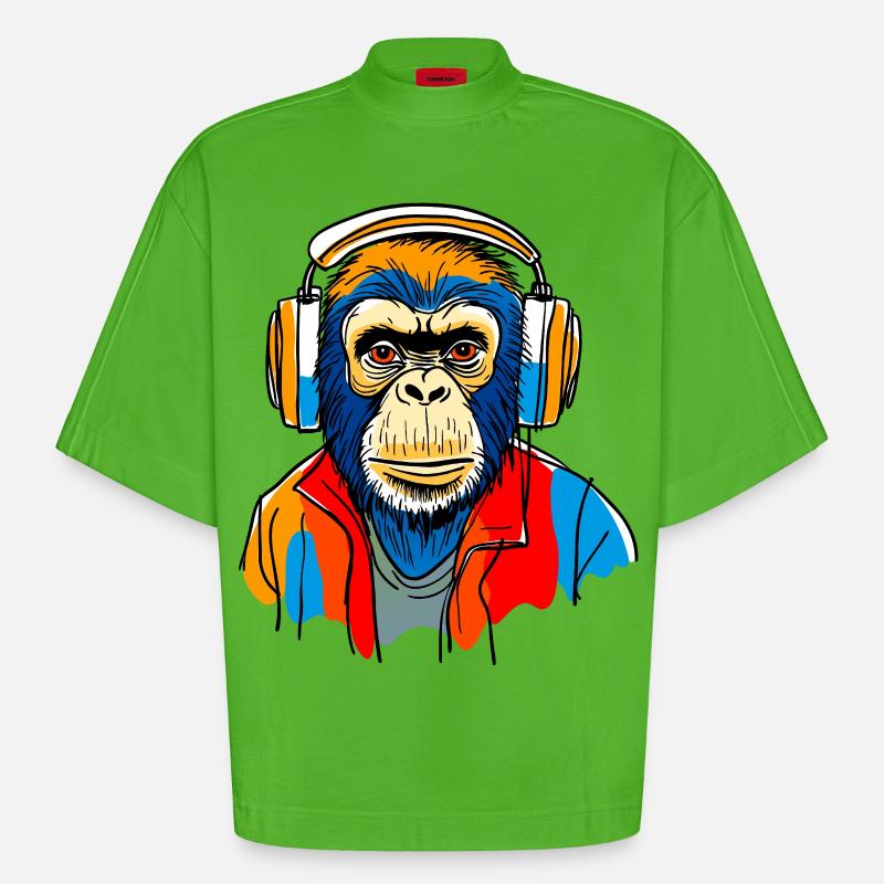 Monkey with headphones - Heavyweight Oversized Organic Boxy T-Shirt Made in EU - Apple Neon