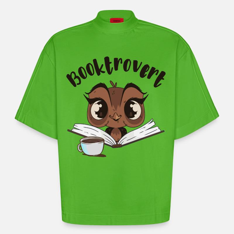 Booktrovert Eule mit Buch und Kaffee - Heavyweight Oversized Organic Boxy T-Shirt Made in EU - Apple Neon