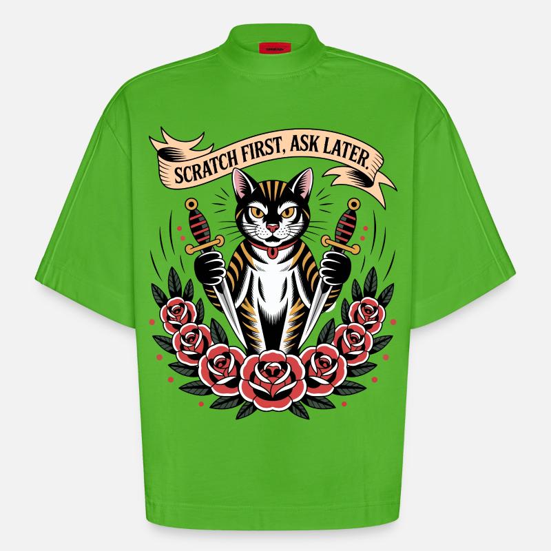 Scratch First Cat - Heavyweight Oversized Organic Boxy T-Shirt Made in EU - Apple Neon