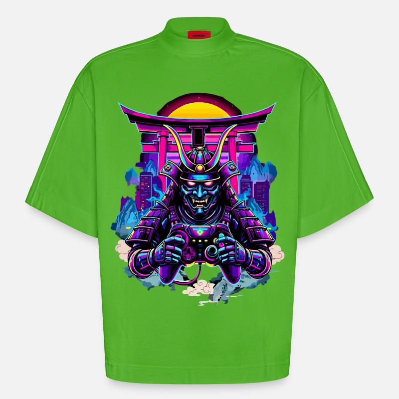 Samurai Maske gaming Controller Sythwave gaming  - Heavyweight Oversized Organic Boxy T-Shirt Made in EU - Apple Neon