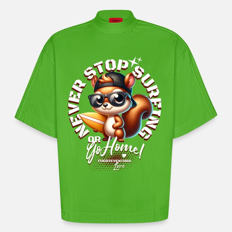Surfer Eichhörnchen mit Surfbrett - Heavyweight Oversized Organic Boxy T-Shirt Made in EU - Apple Neon