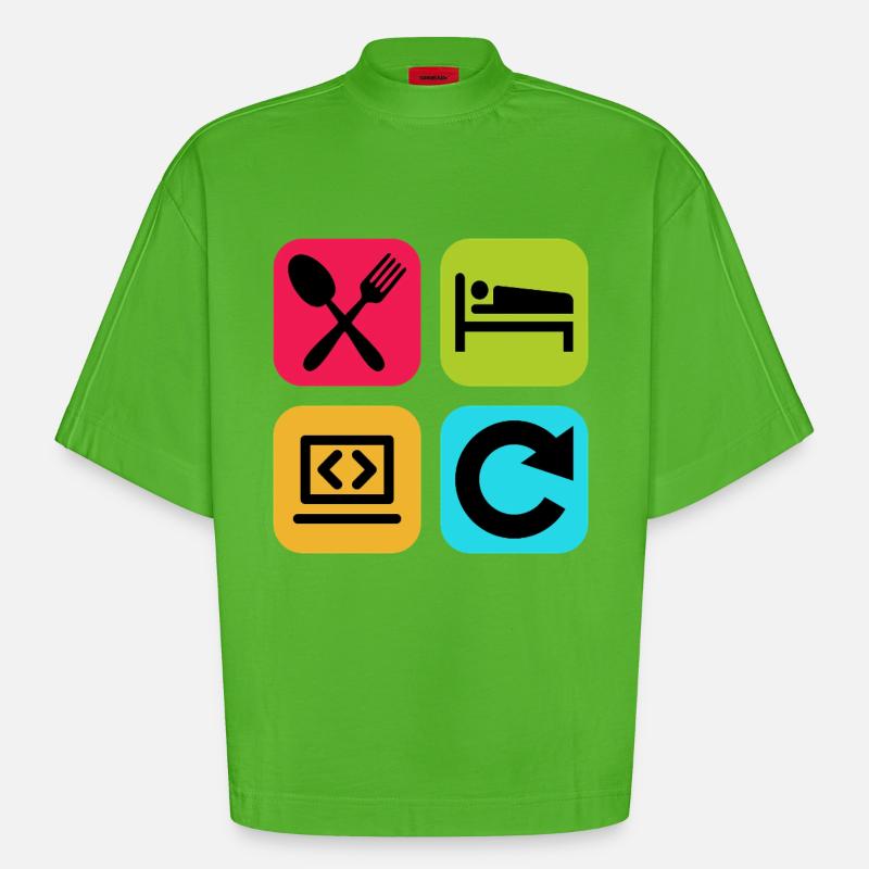 Essen, schlaf, Programm wiederholen, lustiger Zitatcode - Heavyweight Oversized Organic Boxy T-Shirt Made in EU - Apple Neon