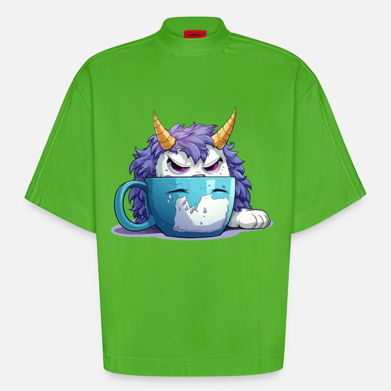 Grumpy monster in a coffee mug - Heavyweight Oversized Organic Boxy T-Shirt Made in EU - Apple Neon