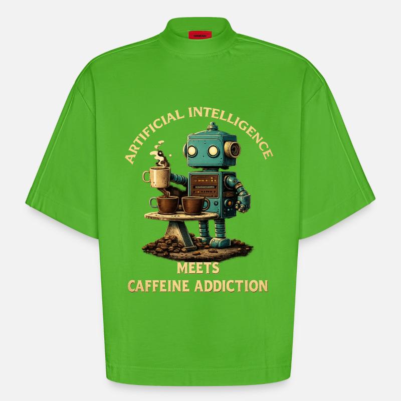 Coffee Robot – Artificial Intelligence Meets Koff - Heavyweight Oversized Organic Boxy T-Shirt Made in EU - Apple Neon