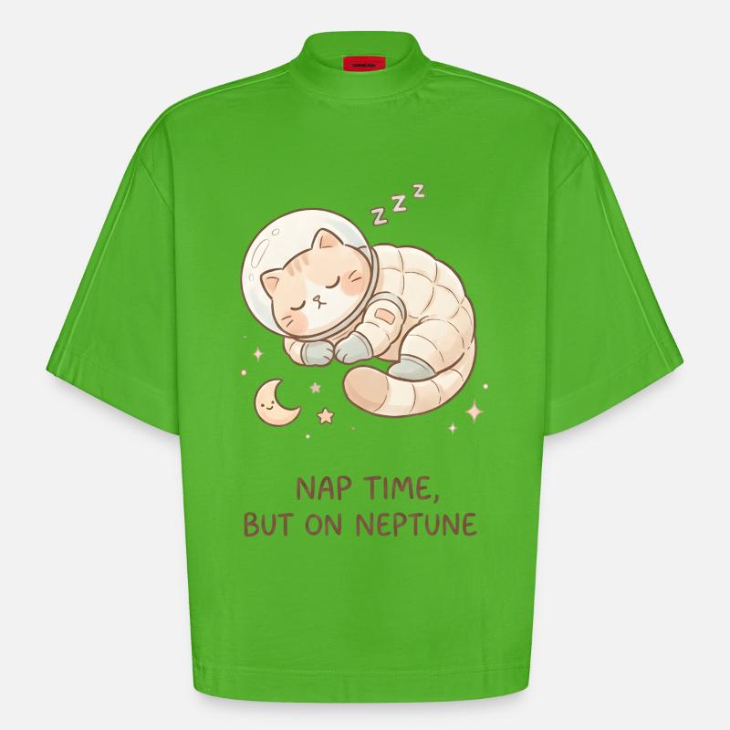Nap Neptune | Chat de l’espace mignon - T-shirt bio épais oversize Boxy fabriqué en UE - Apple Neon