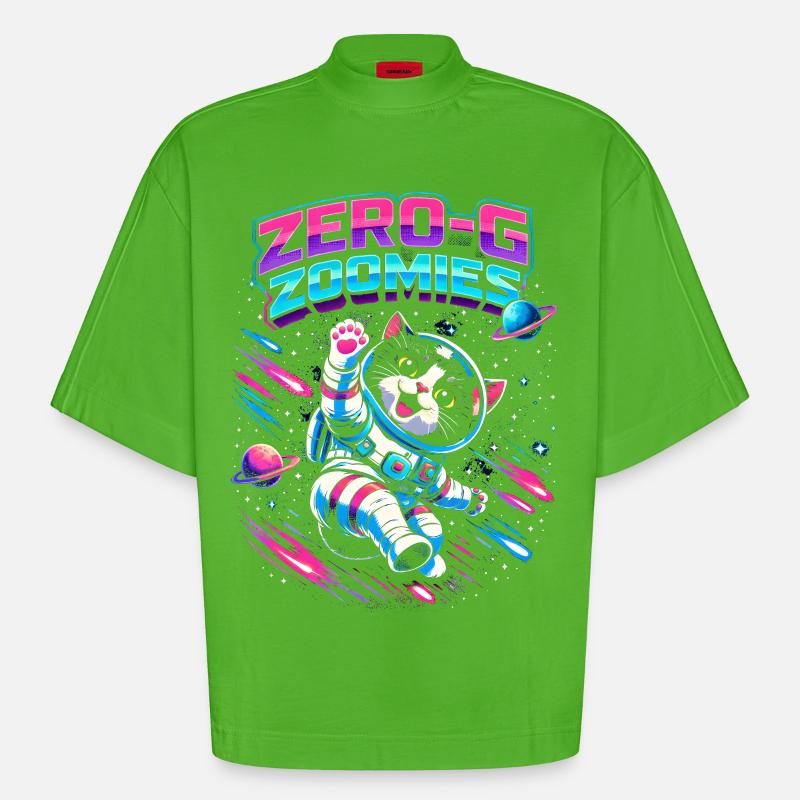 Null-G Zoomies | Humour spatial Astro Cat - T-shirt bio épais oversize Boxy fabriqué en UE - Apple Neon