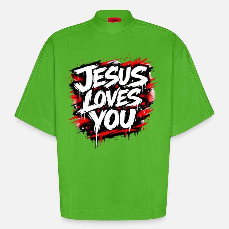 Déclaration de graffiti Jésus t’aime - T-shirt bio épais oversize Boxy fabriqué en UE - Apple Neon