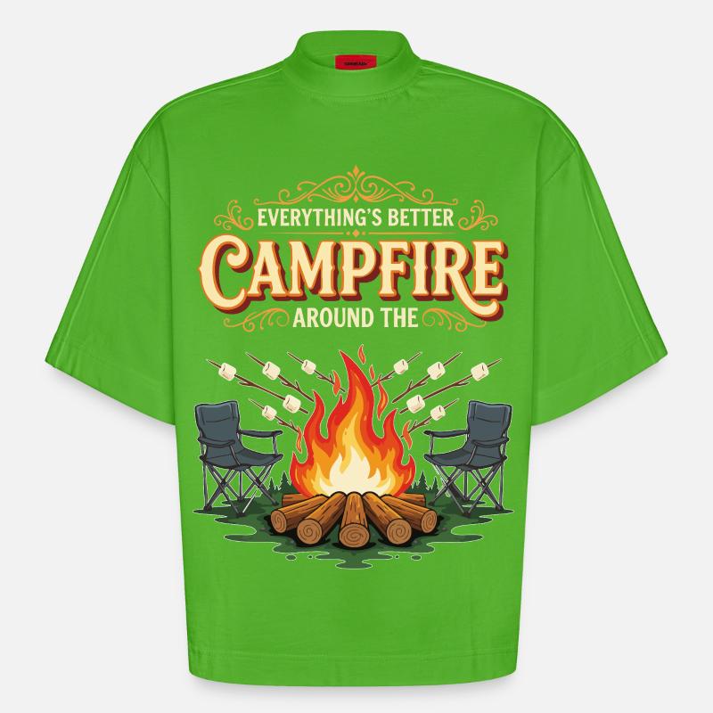 Campfire Marshmallow Everything Better Camping - T-shirt bio épais oversize Boxy fabriqué en UE - Apple Neon