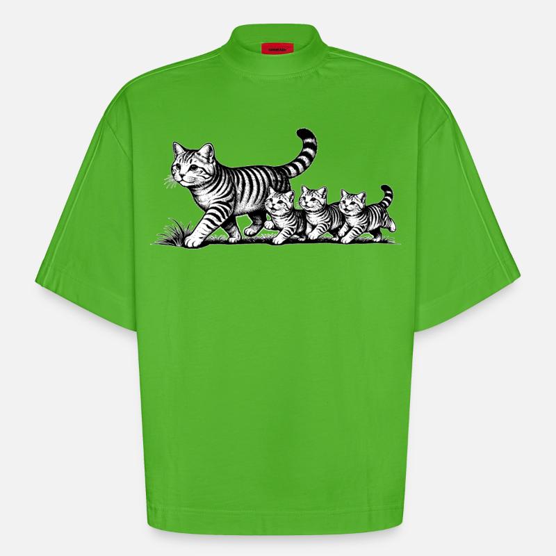 Katzenmutter mit 3 Katzenbabys schwarzweiß - Heavyweight Oversized Organic Boxy T-Shirt Made in EU - Apple Neon