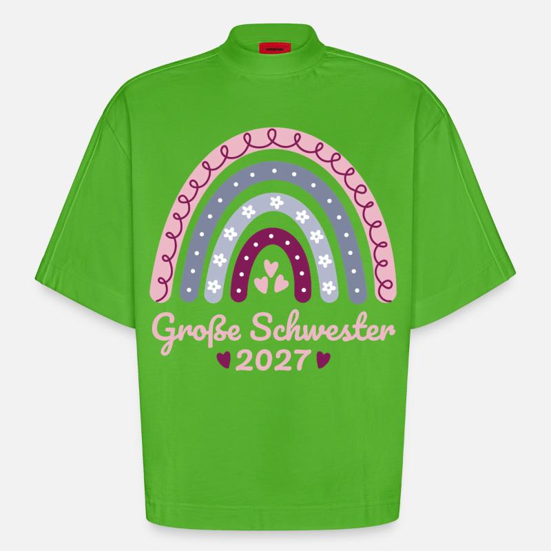 Große Schwester 2027 Boho Regenbogen pastell - Heavyweight Oversized Organic Boxy T-Shirt Made in EU - Apple Neon