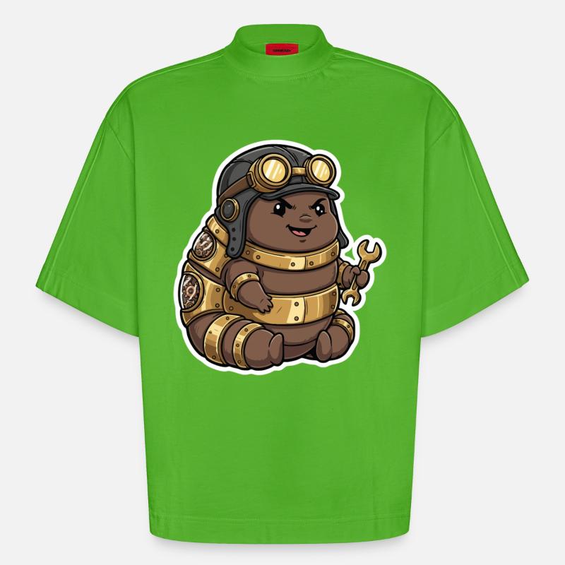 Steampunk Engineer Engineer Brass Crawler - Heavyweight Oversized Organic Boxy T-Shirt Made in EU - Apple Neon