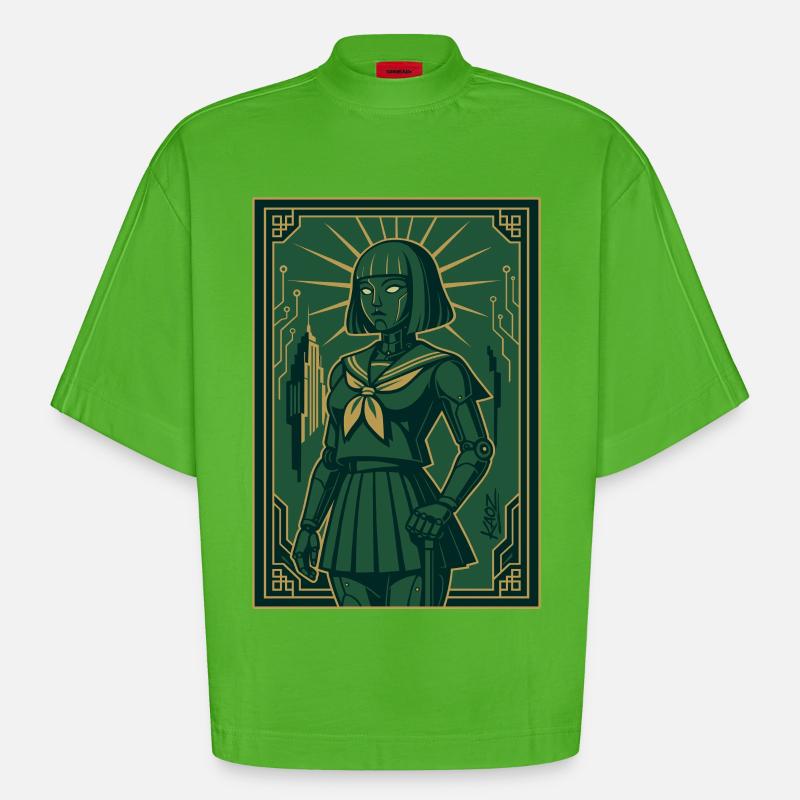 Cyber Deco Android Green Sentinel - T-shirt bio épais oversize Boxy fabriqué en UE - Apple Neon