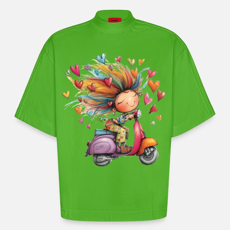 Rollerliebe - Mädchen auf Roller – bunter Sommer - Heavyweight Oversized Organic Boxy T-Shirt Made in EU - Apple Neon