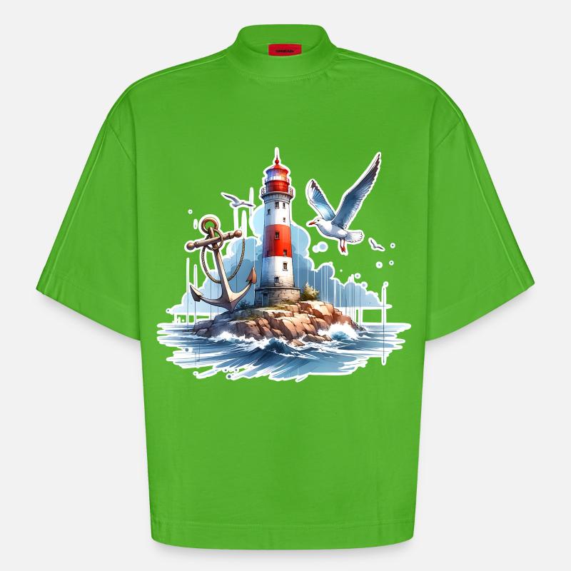 Leuchtturm Anker Möwe - Heavyweight Oversized Organic Boxy T-Shirt Made in EU - Apple Neon