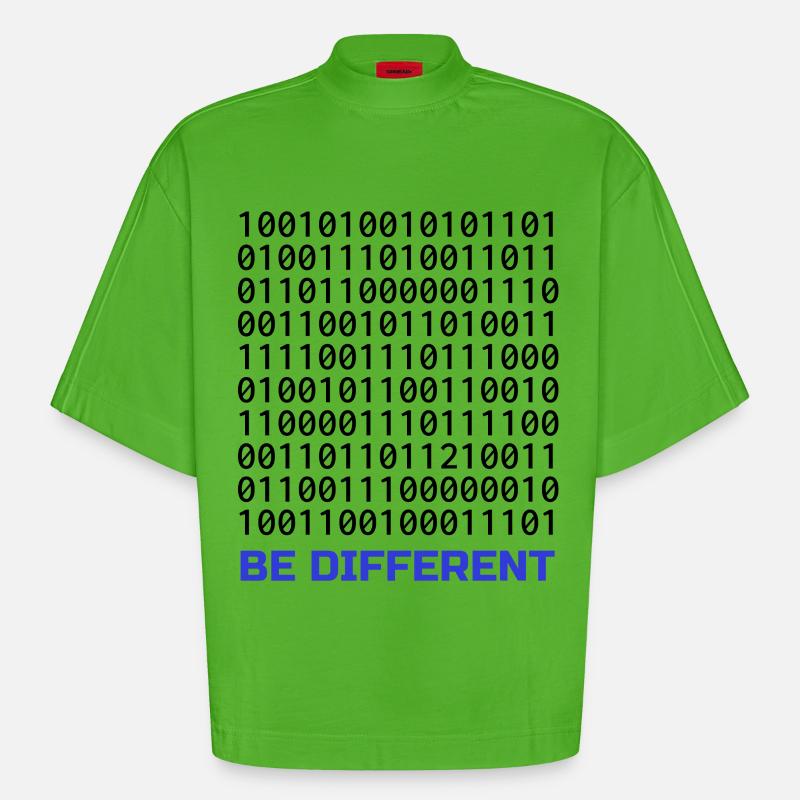 Be Different: Binary Pattern with Message - Heavyweight Oversized Organic Boxy T-Shirt Made in EU - Apple Neon