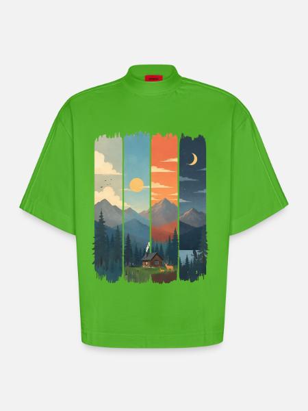 Horizons in four mountain panels - Heavyweight Oversized Organic Boxy T-Shirt Made in EU - Apple Neon