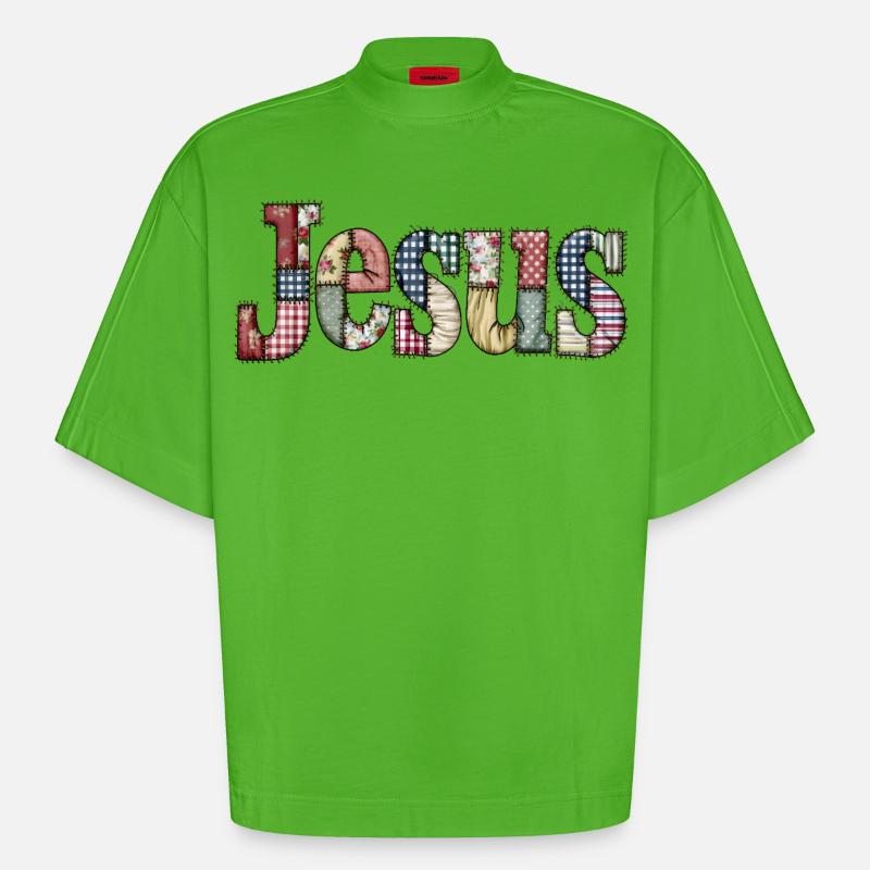 Patchwork Jesus Lettering - Heavyweight Oversized Organic Boxy T-Shirt Made in EU - Apple Neon