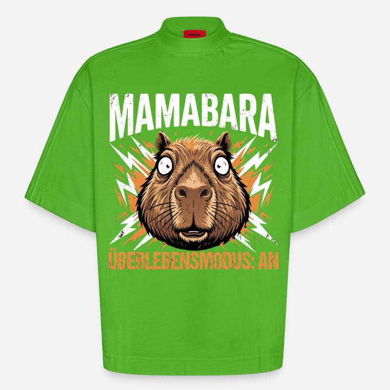 Mamabara Capybara Überlebensmodus Mutter - Heavyweight Oversized Organic Boxy T-Shirt Made in EU - Apple Neon