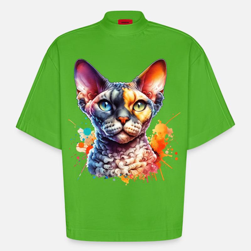 Devon Rex Motif - Heavyweight Oversized Organic Boxy T-Shirt Made in EU - Apple Neon