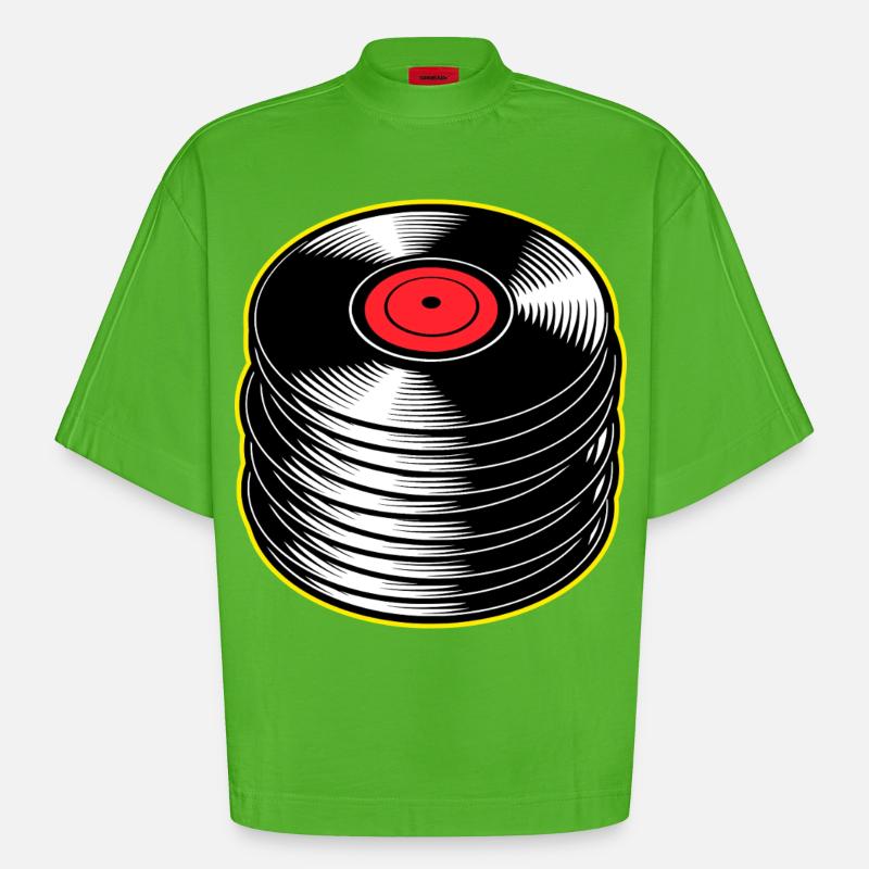 Stack d’albums vinyles - T-shirt bio épais oversize Boxy fabriqué en UE - Apple Neon