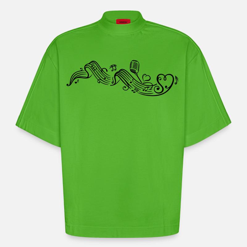 Notenblatt mit microphon, music, notes, clef - T-shirt bio épais oversize Boxy fabriqué en UE - Apple Neon