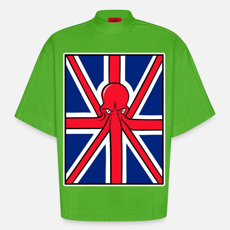 Drapeau Union Jack pieuvre rouge - T-shirt bio épais oversize Boxy fabriqué en UE - Apple Neon
