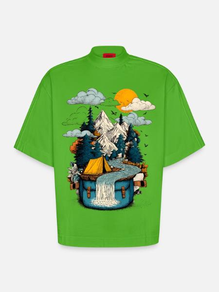 Mountain Lake Path - Camping Backpacker Motif - Heavyweight Oversized Organic Boxy T-Shirt Made in EU - Apple Neon