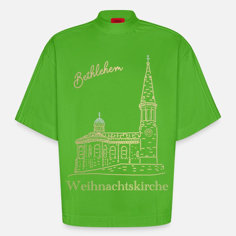 Weihnachtskirche Bethlehem Handzeichnung - Heavyweight Oversized Organic Boxy T-Shirt Made in EU - Apple Neon