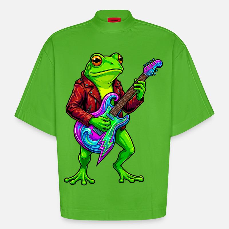 Frosch mit Jacke und Neon E-Gitarre - Heavyweight Oversized Organic Boxy T-Shirt Made in EU - Apple Neon