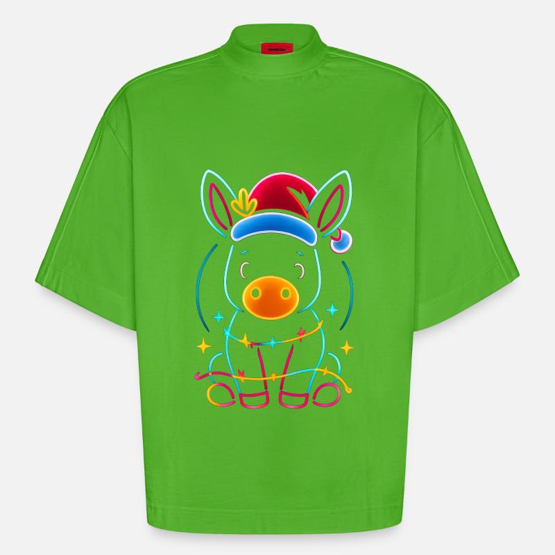 Donkey Elf Noël Drôle Cadeau - T-shirt bio épais oversize Boxy fabriqué en UE - Apple Neon