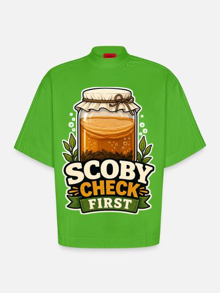 SCOBY CHECK FIRST - Heavyweight Oversized Organic Boxy T-Shirt Made in EU - Apple Neon