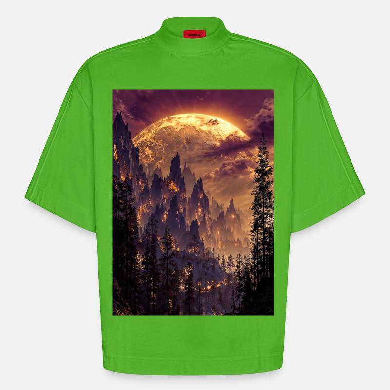 Feuriger Gipfel in der Abenddämmerung - Heavyweight Oversized Organic Boxy T-Shirt Made in EU - Apple Neon
