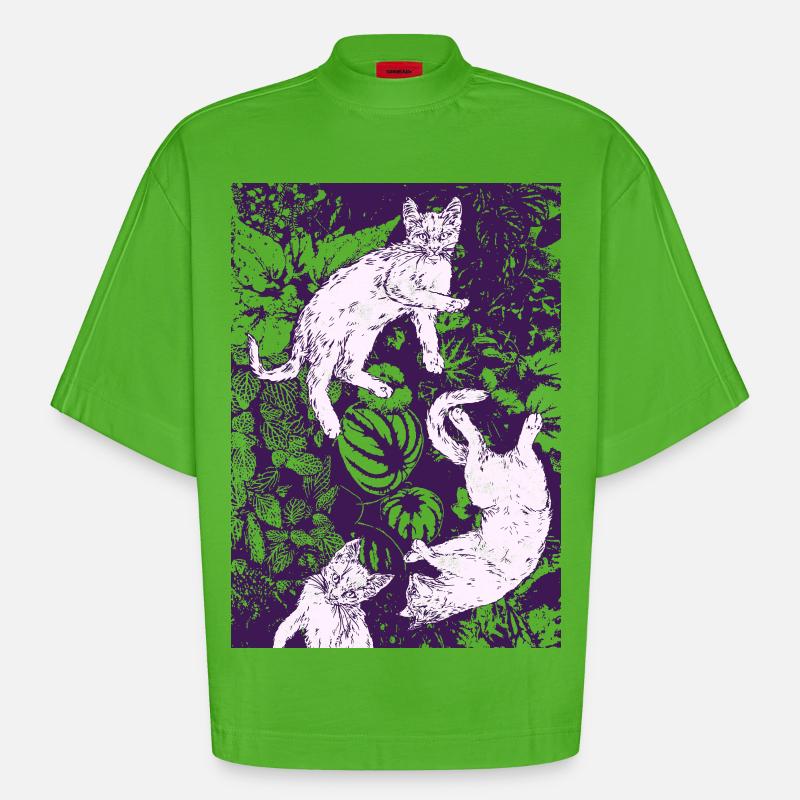 THREE WHITE KITTENS - Heavyweight Oversized Organic Boxy T-Shirt Made in EU - Apple Neon