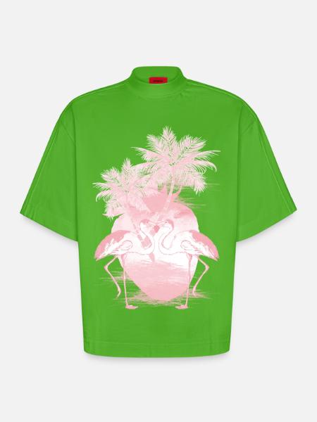Palm Flamingos Summer Pink - Heavyweight Oversized Organic Boxy T-Shirt Made in EU - Apple Neon