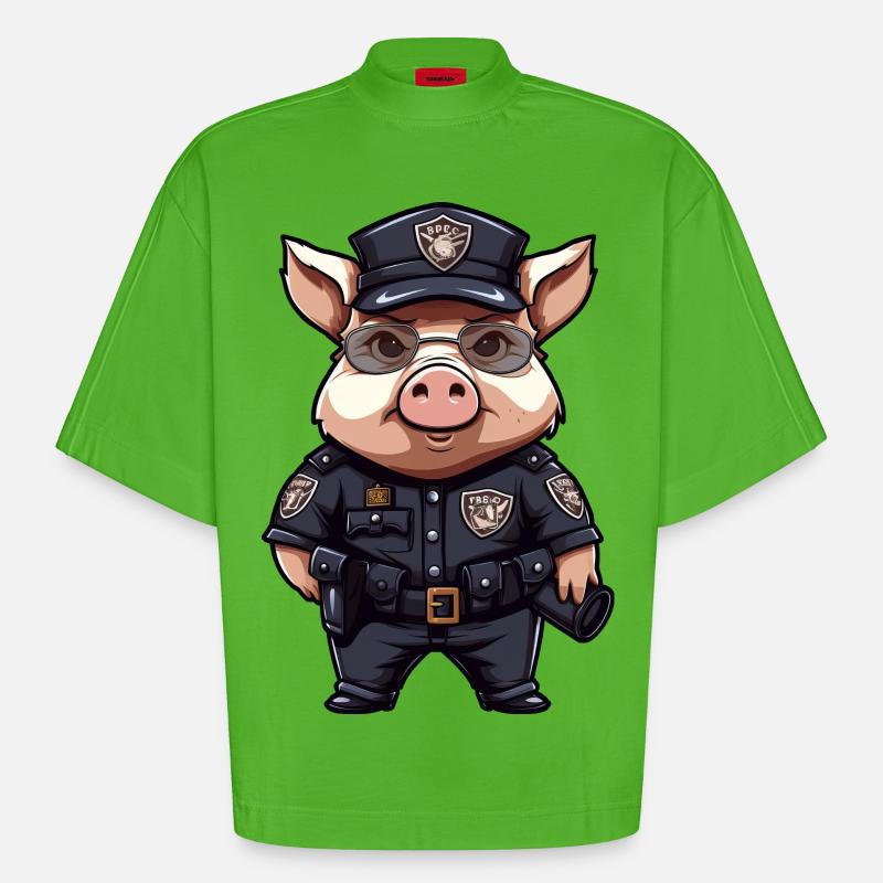 Piggy Policeman - Heavyweight Oversized Organic Boxy T-Shirt Made in EU - Apple Neon
