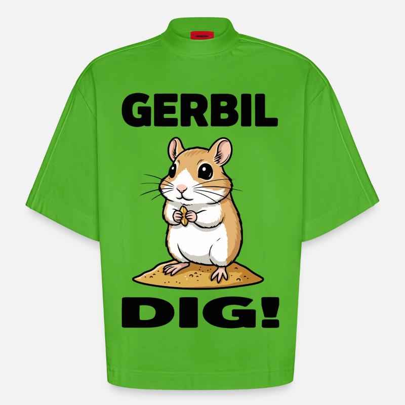Gerbille Dig Gerbil Rongeur Grain Sable - T-shirt bio épais oversize Boxy fabriqué en UE - Apple Neon