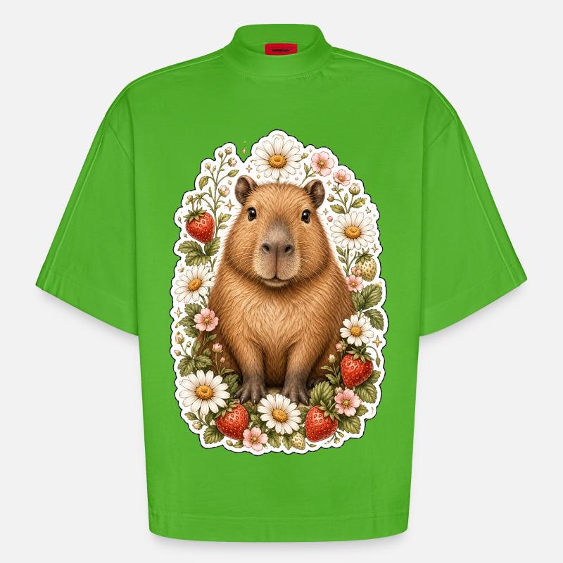 Capybara Erdbeeren Gänseblümchen Tierfreund - Heavyweight Oversized Organic Boxy T-Shirt Made in EU - Apple Neon