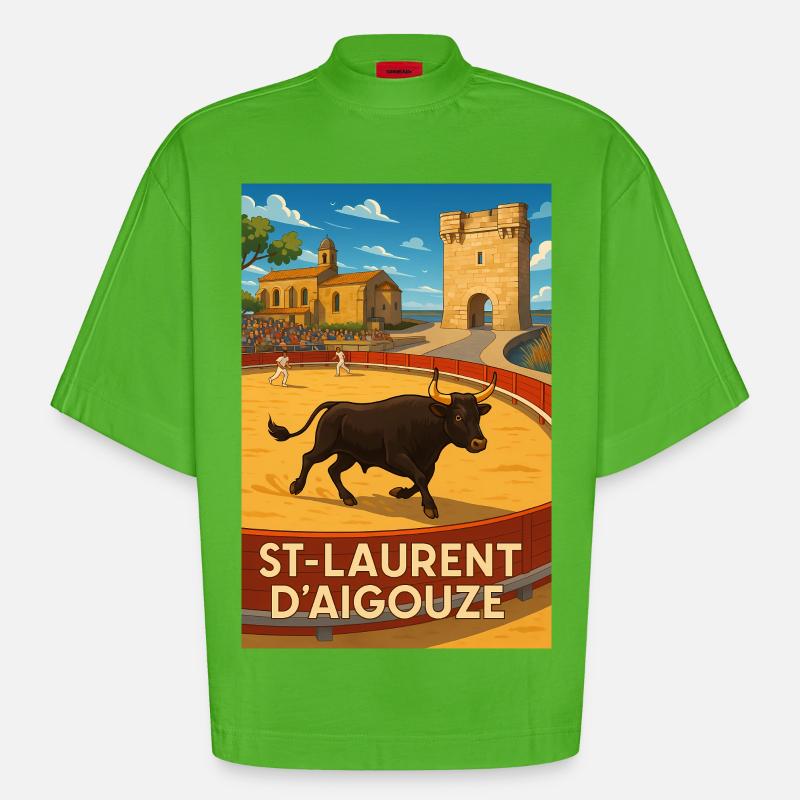 Course de Taureau à Saint-Laurent d'Aigouze - T-shirt bio épais oversize Boxy fabriqué en UE - Apple Neon