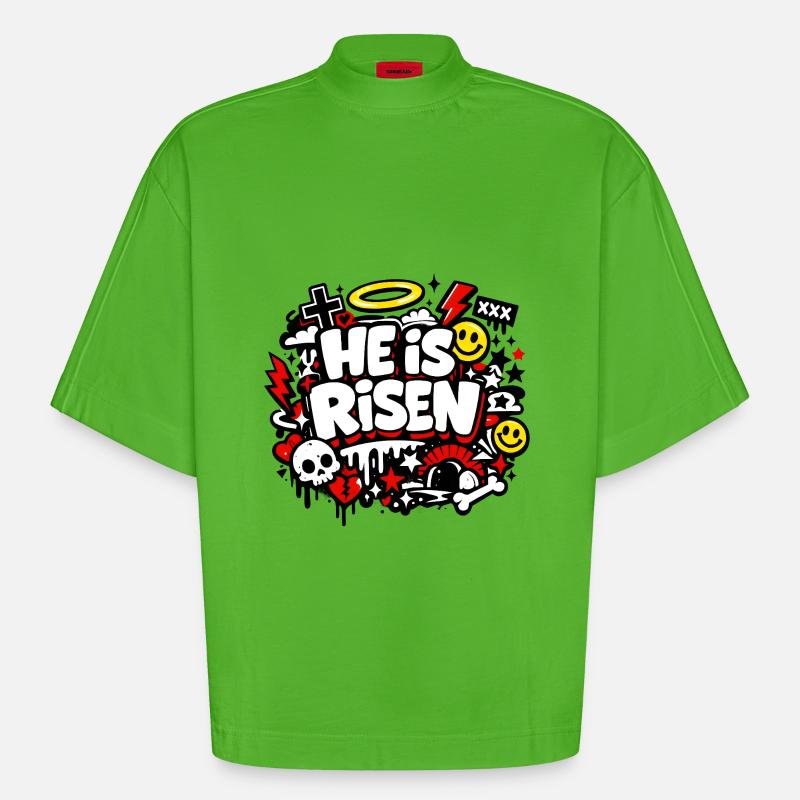 Il est Risen Graffiti Easter - T-shirt bio épais oversize Boxy fabriqué en UE - Apple Neon