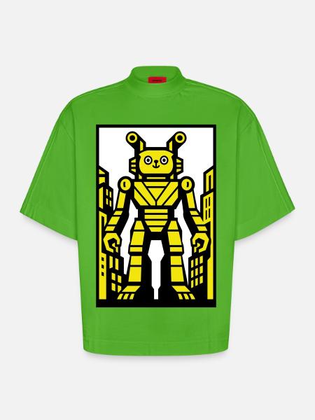 Cat Robot in Stadtlandschaft - Heavyweight Oversized Organic Boxy T-Shirt Made in EU - Apple Neon
