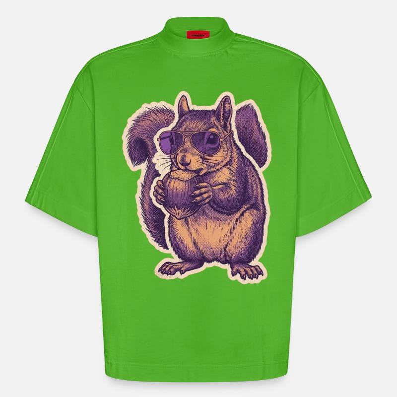 Eichhörnchen Mit Sonnenbrille Knabbert Haselnuss - Heavyweight Oversized Organic Boxy T-Shirt Made in EU - Apple Neon